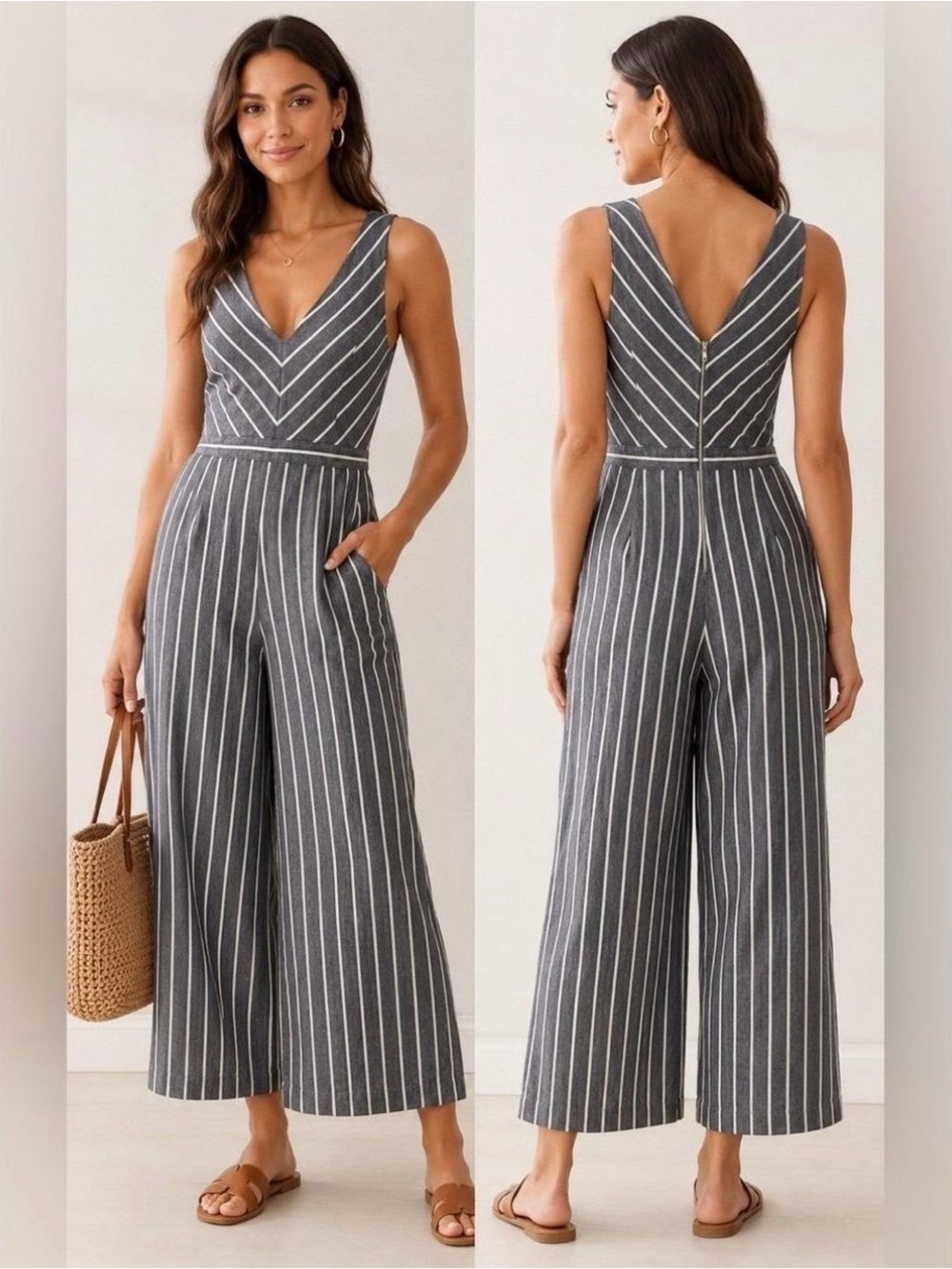 LOFT Striped Wide Leg Jumpsuit Romper Size 6 Gray White Pinstripe V Neck Cropped - Picture 2 of 6